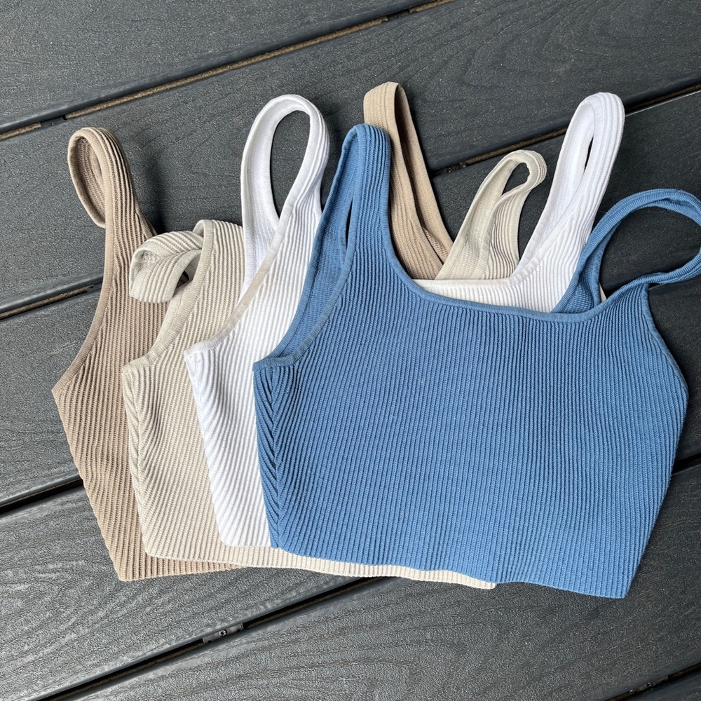 Aritzia Ribbed Crop Tops in Blue, White, and Tan